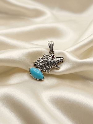 Wolf Head Turquoise & Red Garnet Pendant