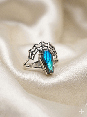 Gothic Labradorite Coffin Ring with Spider Web Design