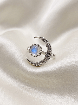 Rainbow Moonstone Crescent Moon Ring