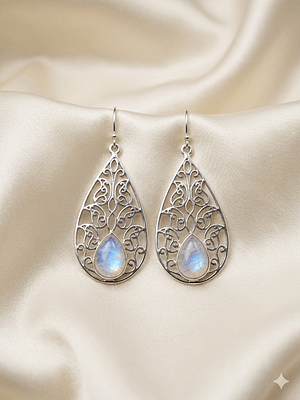 Rainbow Moonstone Filigree Teardrop Earrings